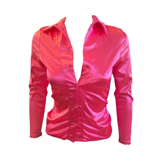 Deviations Vintage Hot Pink Barbie Top Button Down  Small Rare Crystal Bead - Picture 3 of 13